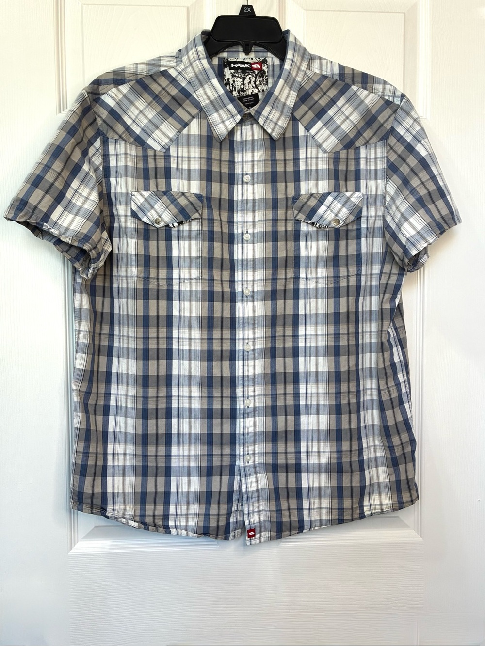 Tony Hawk Shirt Mens XL Blue Tan Plaid Short Sleeve Button Front Skatewear